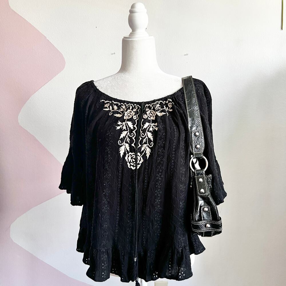 Black Eyelet‎ Embroidered Peasant Top, Boho Cottagecore Y2K Romantic Large